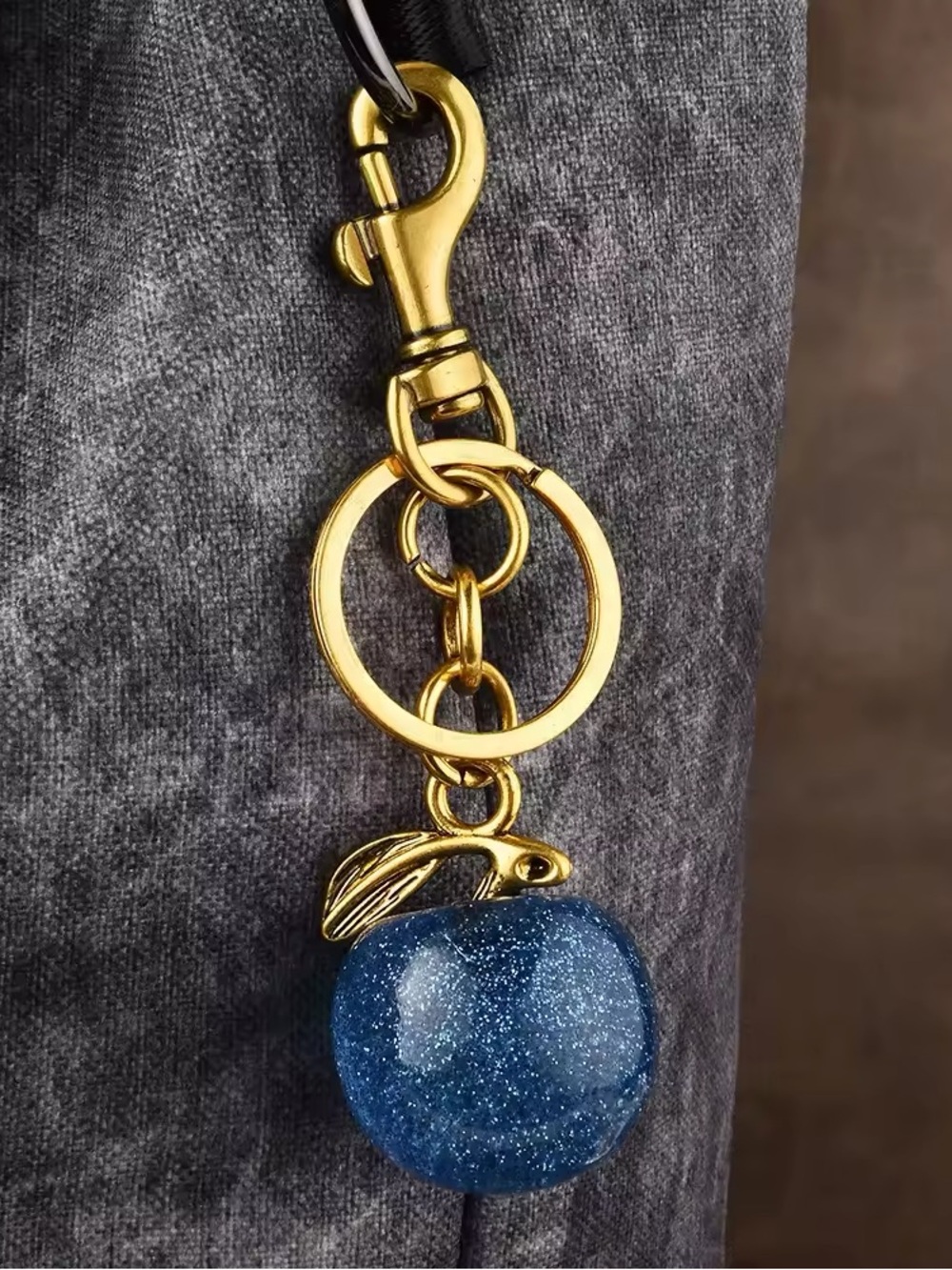 Apple Blue glitter keychain or bag charm with gold hardware key ring / dog clip